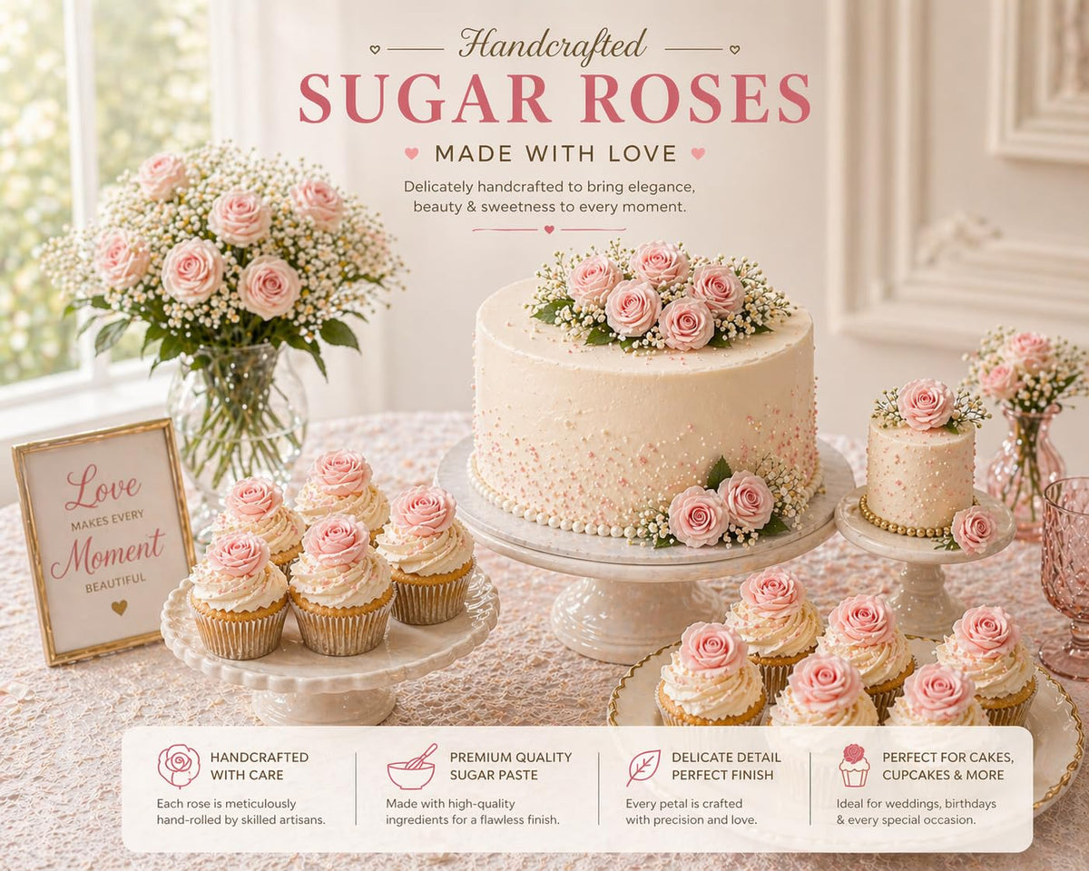 Confect Edible Rose Topper - Vegan Gluten-Free Cupcake Decorations - Pack of 12