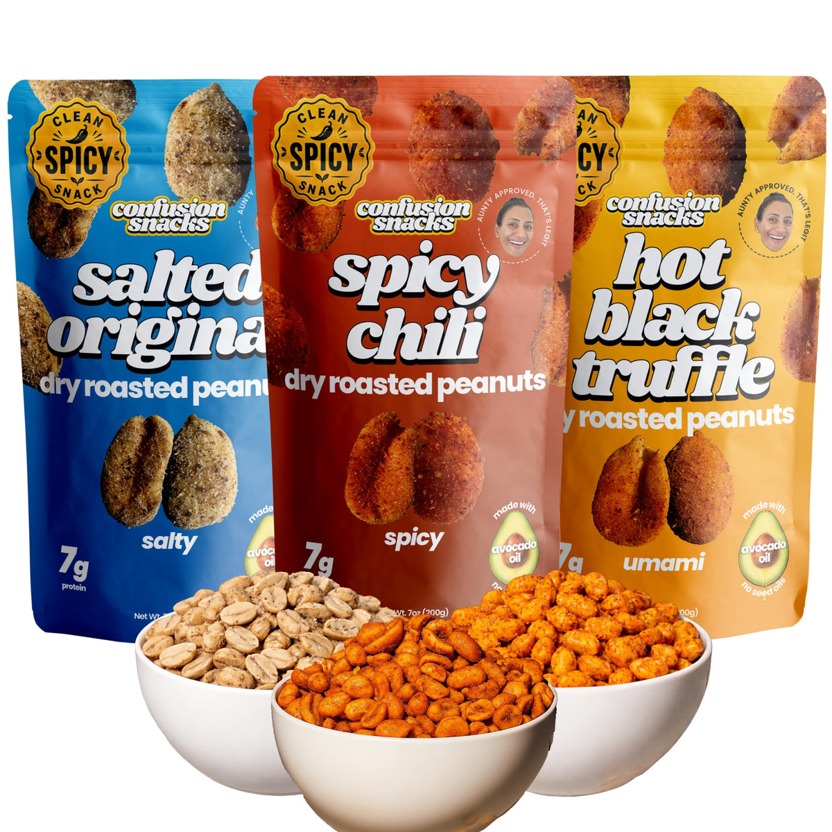 Confusion Snacks Avocado Oil Spiced Peanuts Variety Pack – 3x7oz Gluten Free, High Protein Keto Snacks