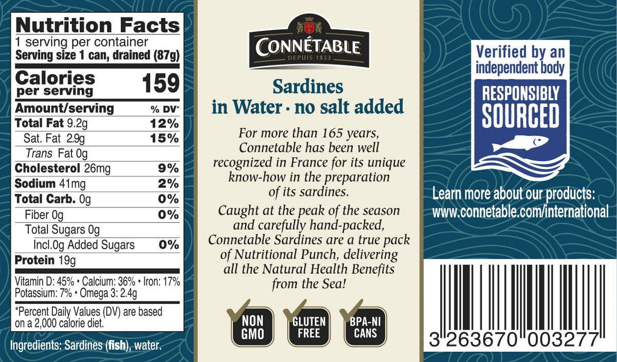 Connetable Sardines in Water, No Salt Added — 4.375 oz, Pack of 12