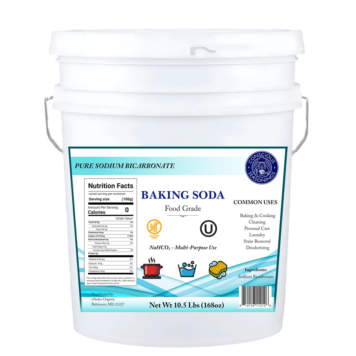Conscious Seasonings Pure Baking Soda Powder – 10.5 lb (1.34 gal) | 100% Pure Food-Grade Sodium Bicarbonate for Baking & Cleaning