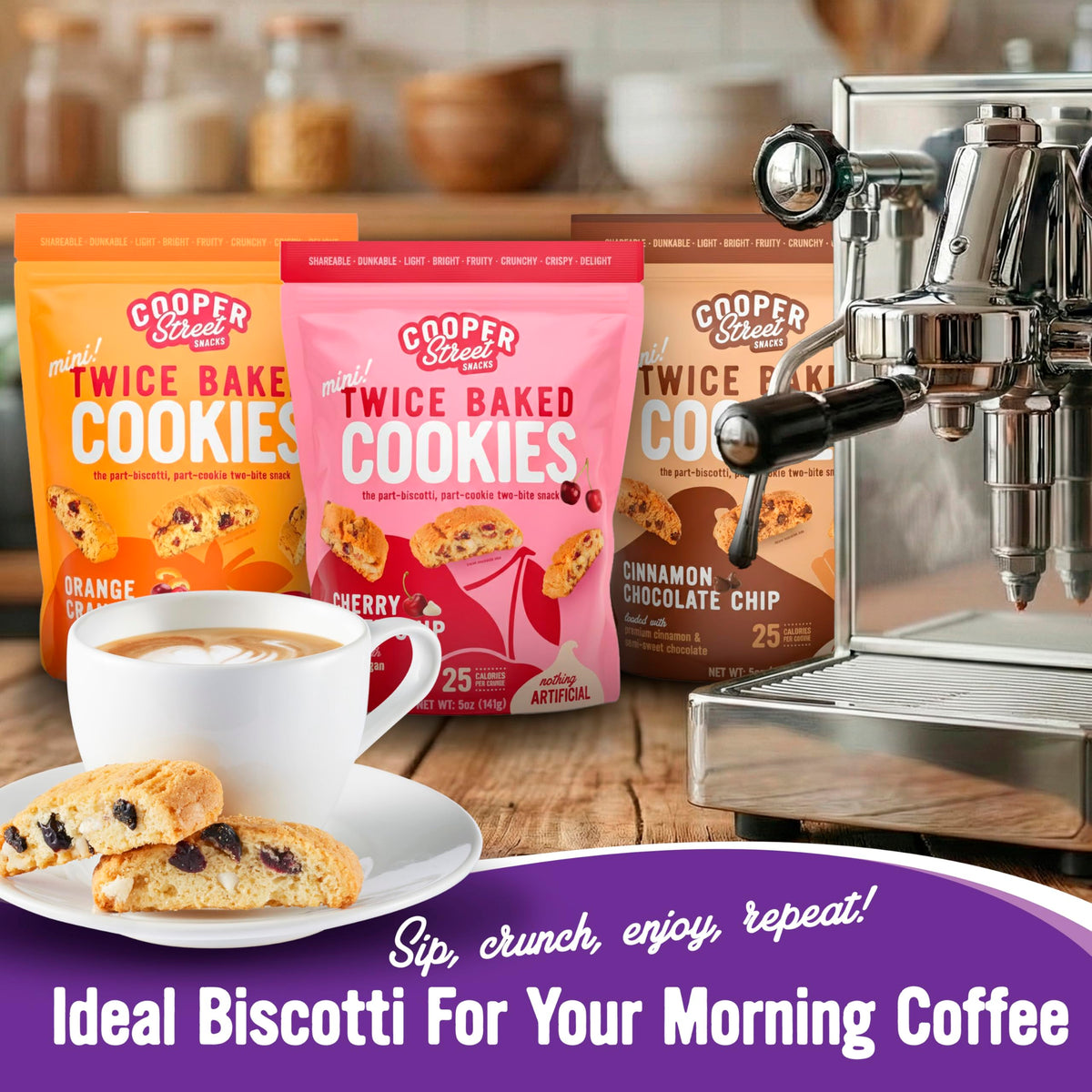 Cooper Street Twice Baked Biscotti Cookies Variety Pack - 5 Pack (5oz Each) - 5 Flavors Assortment, Light and Crispy Coffee Cookies, Dairy & Peanut Free, Kosher