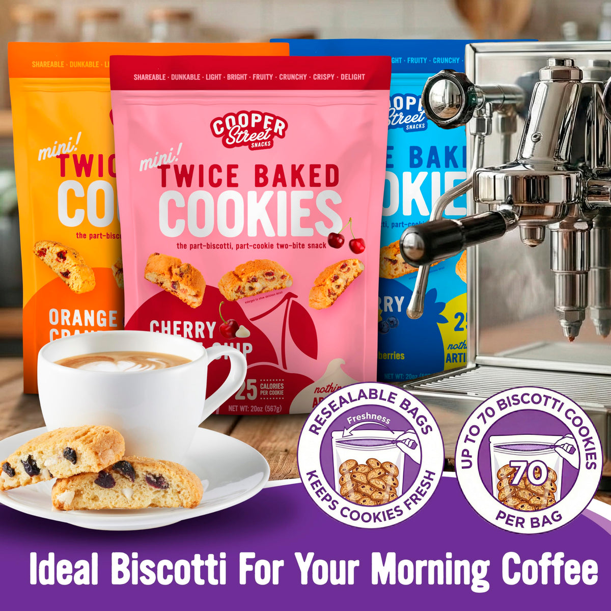Cooper Street Twice Baked Biscotti Variety Pack – 4 Gourmet Cookies, Peanut & Dairy Free (1.25 lb per bag)