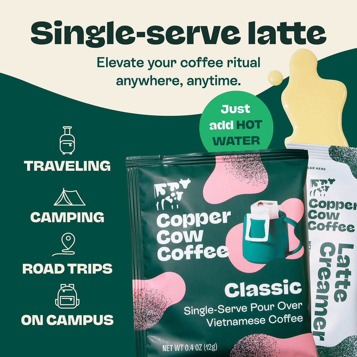 Copper Cow Coffee Pour Over Vietnamese Coffee Pouches + Sweetened Condensed Milk Creamers (8 Coffees & 8 Creamers) — No Refrigeration Needed, Travel Ready