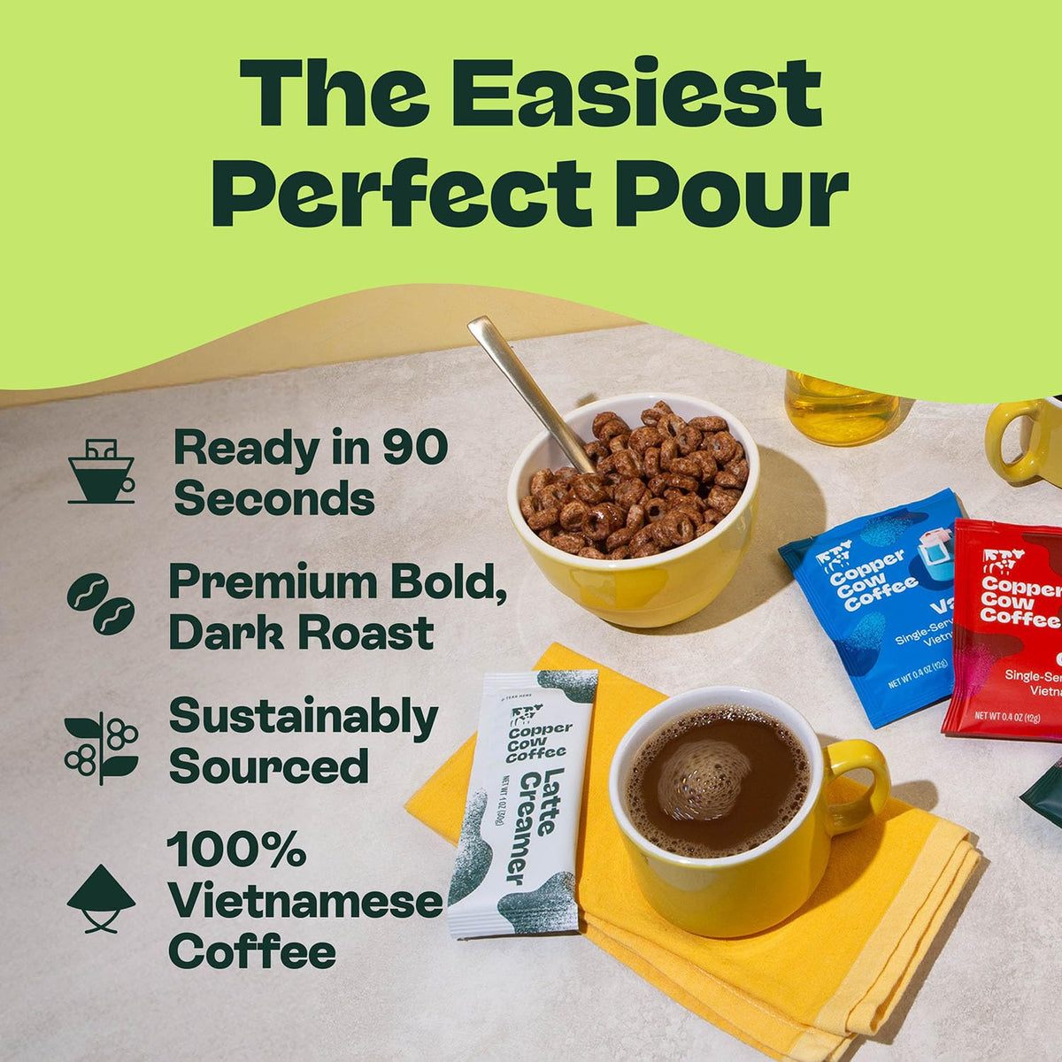 Copper Cow Coffee Pour Over Vietnamese Coffee Pouches + Sweetened Condensed Milk Creamers (8 Coffees & 8 Creamers) — No Refrigeration Needed, Travel Ready