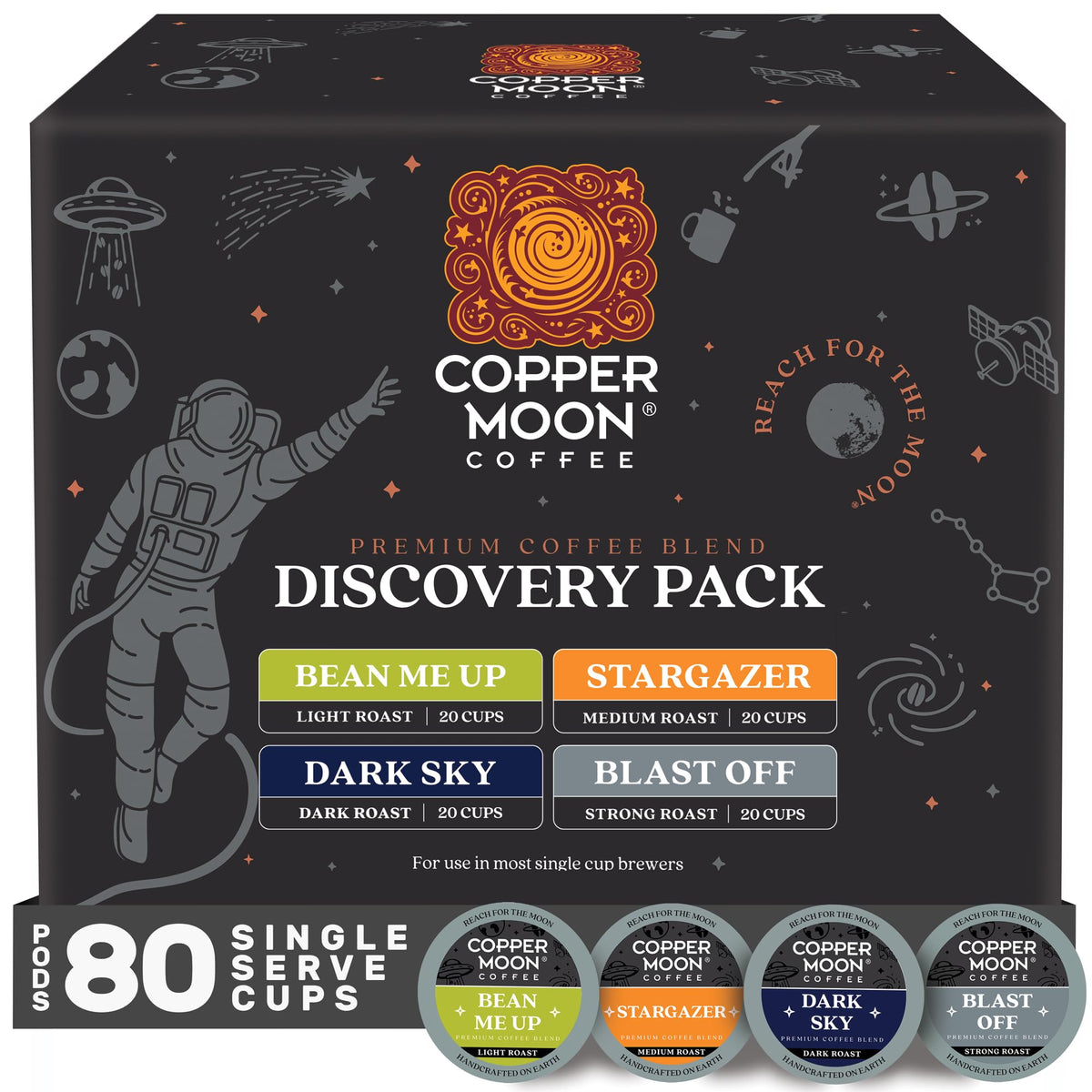 Copper Moon Discovery Variety Pack K-Cup Pods | Light, Medium & Dark Roasts – 80 Count