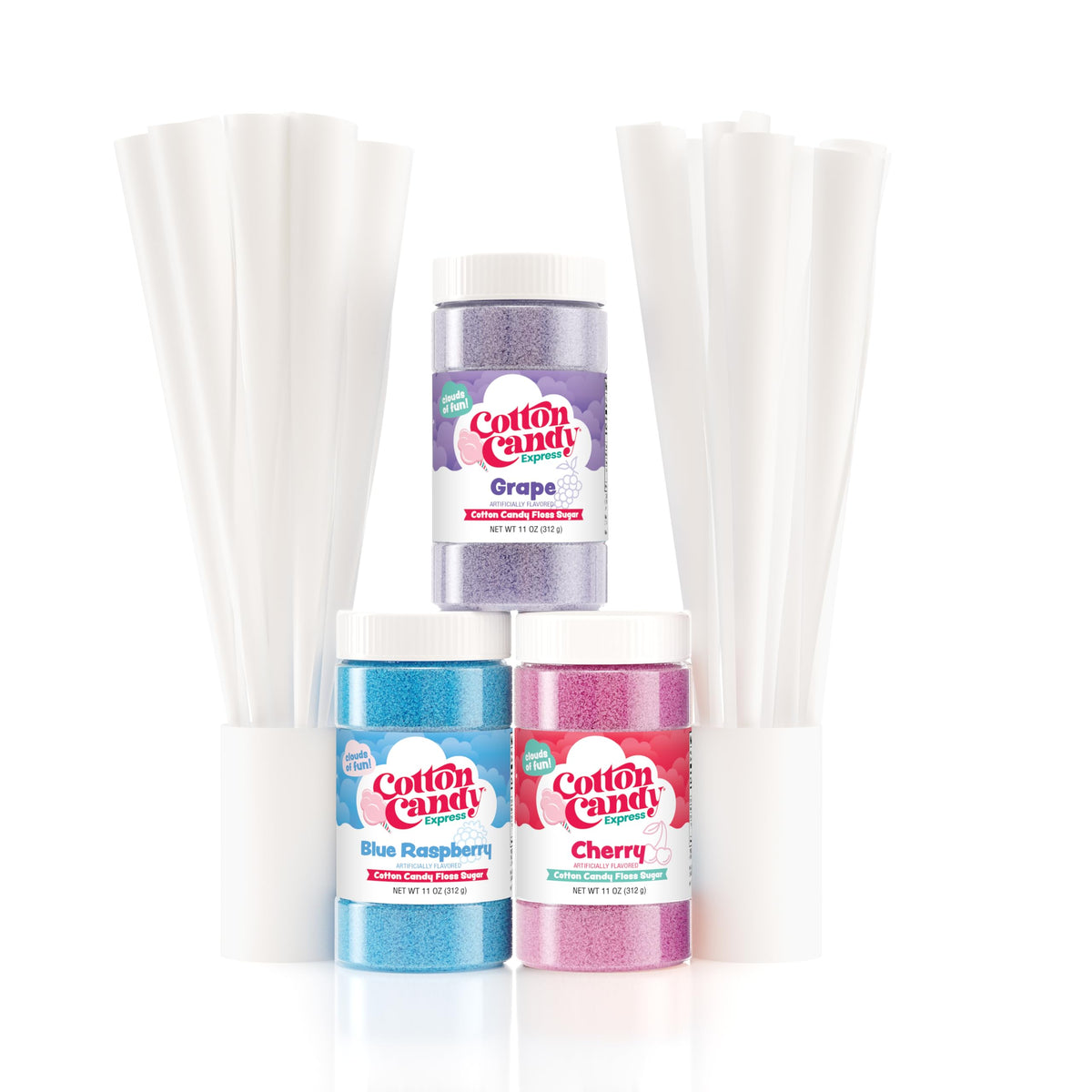 Cotton Candy Express Floss Sugar Variety Pack – Cherry, Blue Raspberry & Grape, 3x11oz Jars + 50 Cones