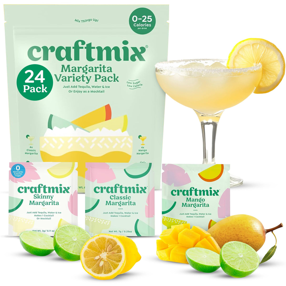 Craftmix Margarita Variety Pack – Low-Cal, Real Fruit Cocktail & Mocktail Mixers (24 Pack)