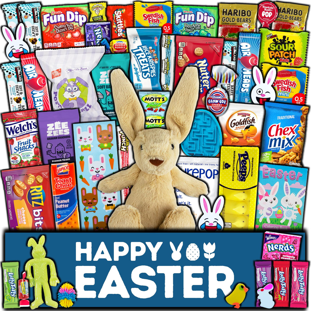 CRAVEBOX Easter Care Package (50ct) – Pre-filled Snacks & Plush Bunny Gift