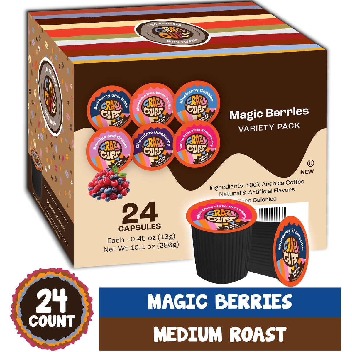 Crazy Cups Blueberry Coffee Pods Variety Pack – Magic Berries Flavored Keurig K-Cup, 24 Count