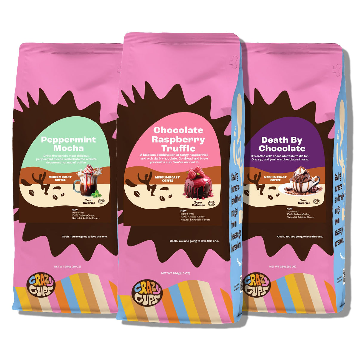 Crazy Cups Chocolate Lovers Ground Coffee Variety Pack – 3 Flavors, 10 oz Bags