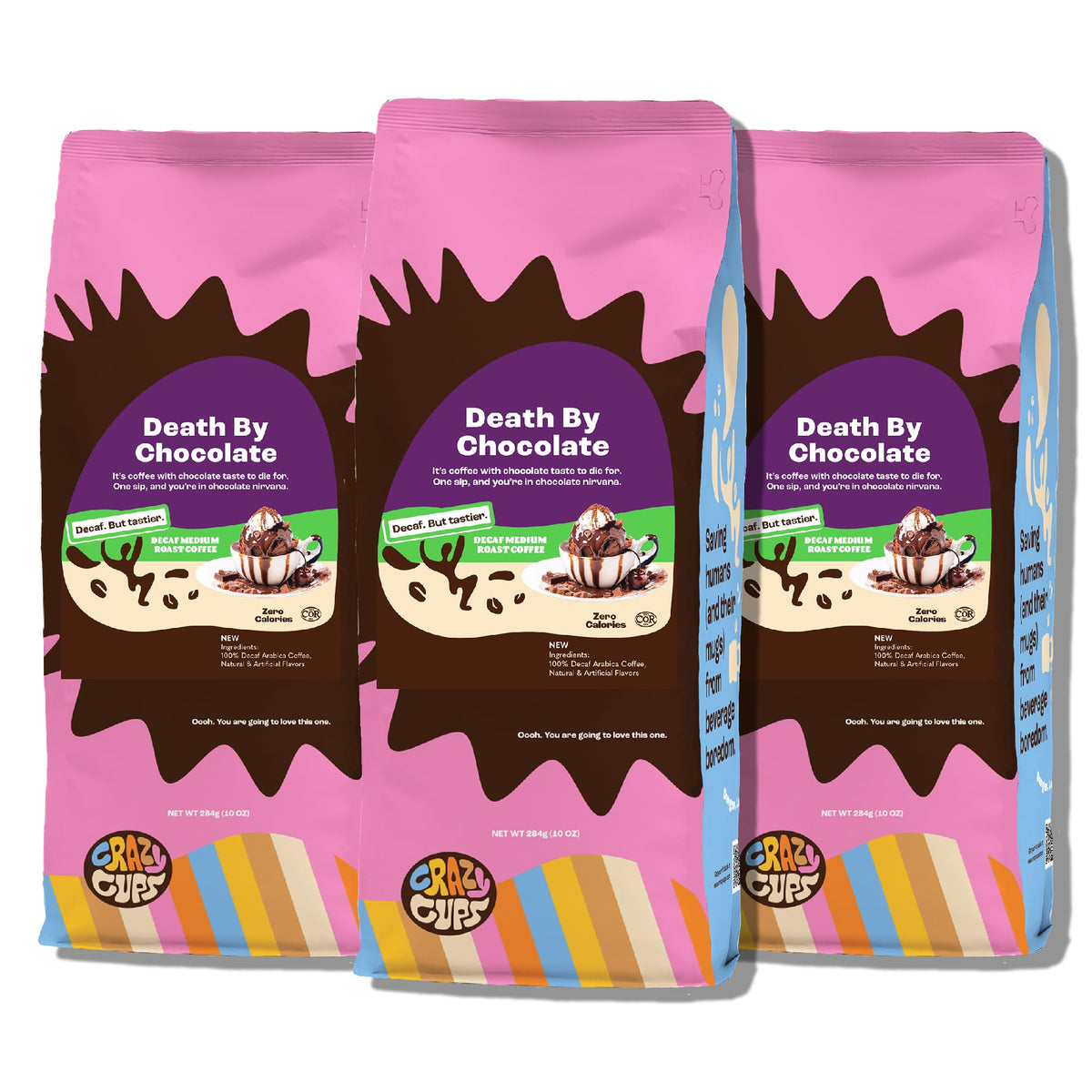 Crazy Cups Decaf Death by Chocolate Coffee — Flavored Ground, 10 oz Bag, 3 Pack