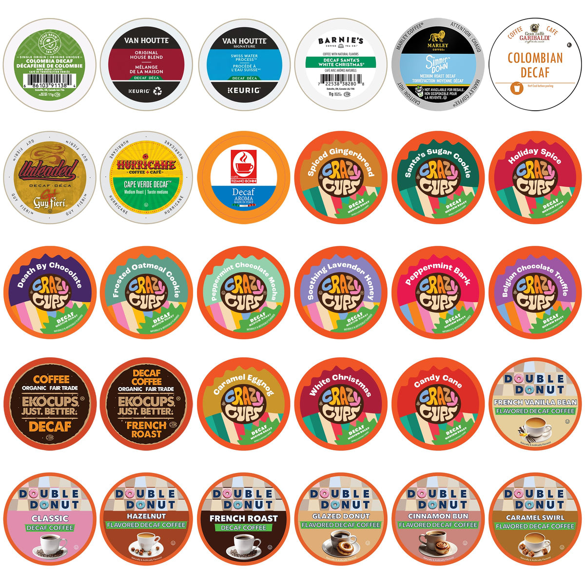 Crazy Cups Decaf Coffee Pods Variety Pack Sampler — 30 Unique Flavors, Keurig Compatible