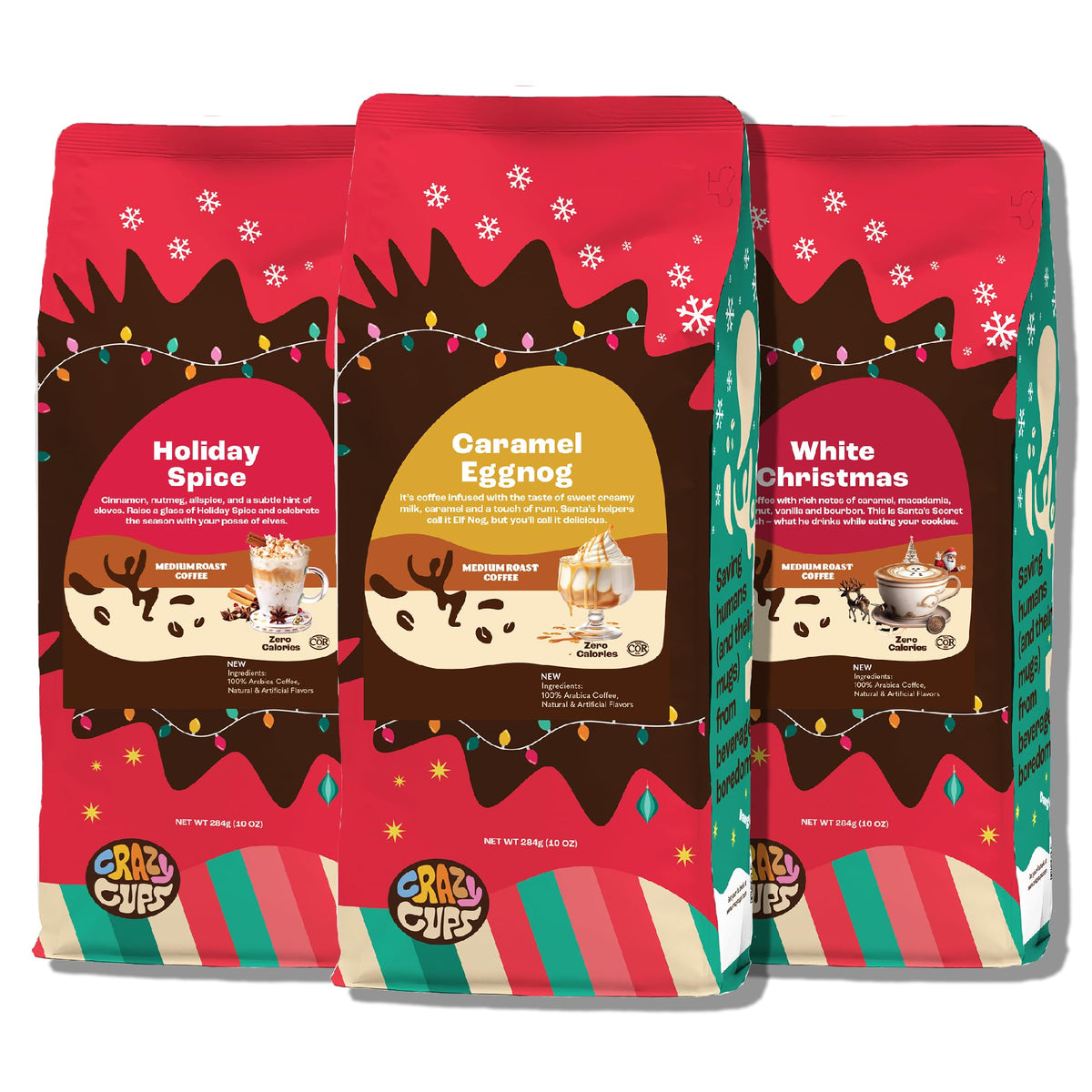 Crazy Cups Flavored Holiday Ground Coffee Variety Pack – 3 x 10 oz bags (Holiday Spice, White Christmas, Caramel Eggnog)