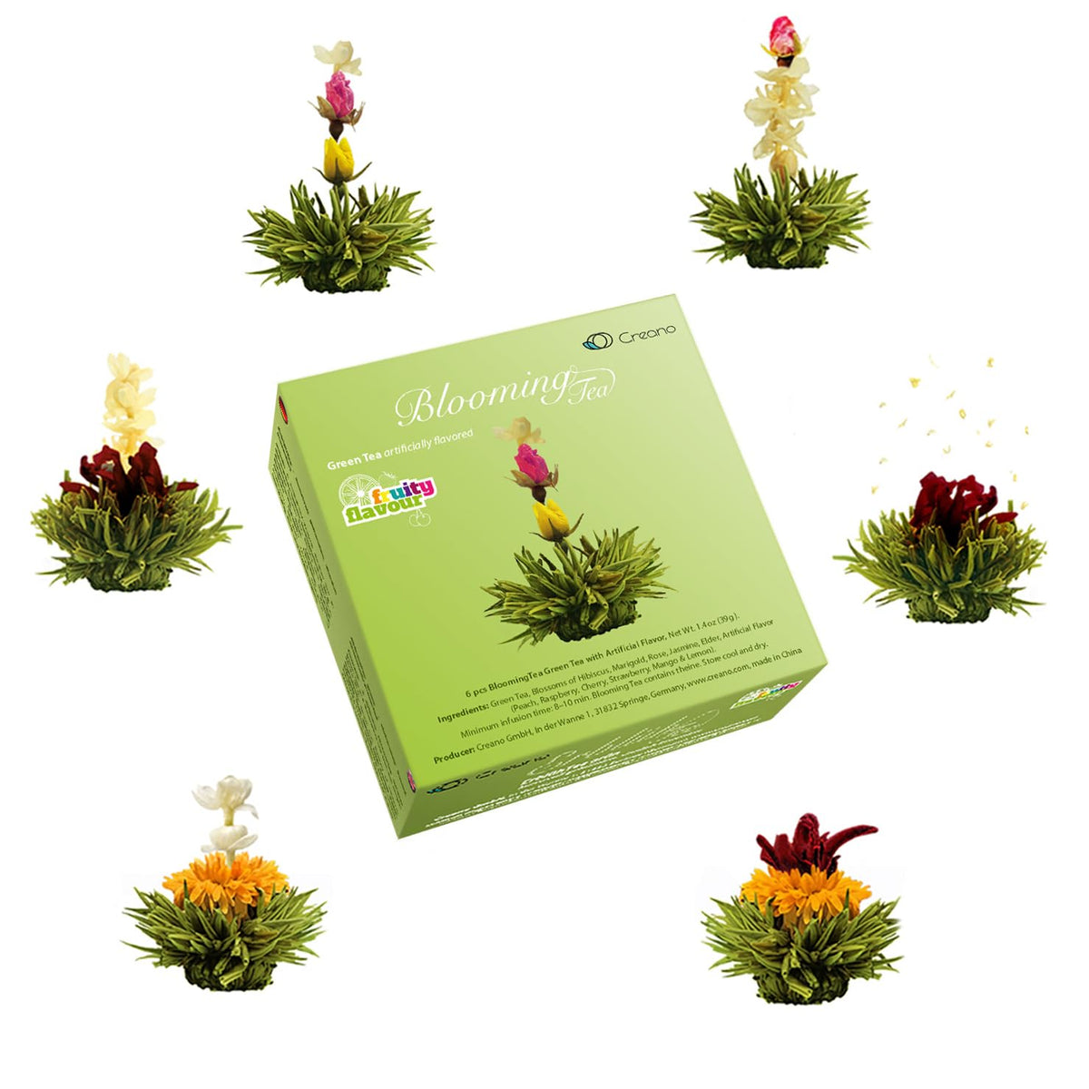 Creano Blooming Tea Gift Set with Glass Teapot 17oz (500ml) – 6 Fruity Green Tea Flowers – Easter Gift