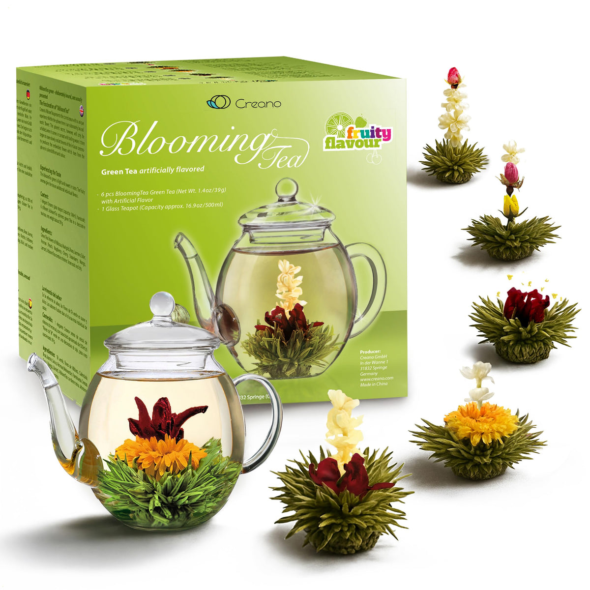 Creano Blooming Tea Gift Set with Glass Teapot 17oz (500ml) – 6 Fruity Green Tea Flowers – Easter Gift
