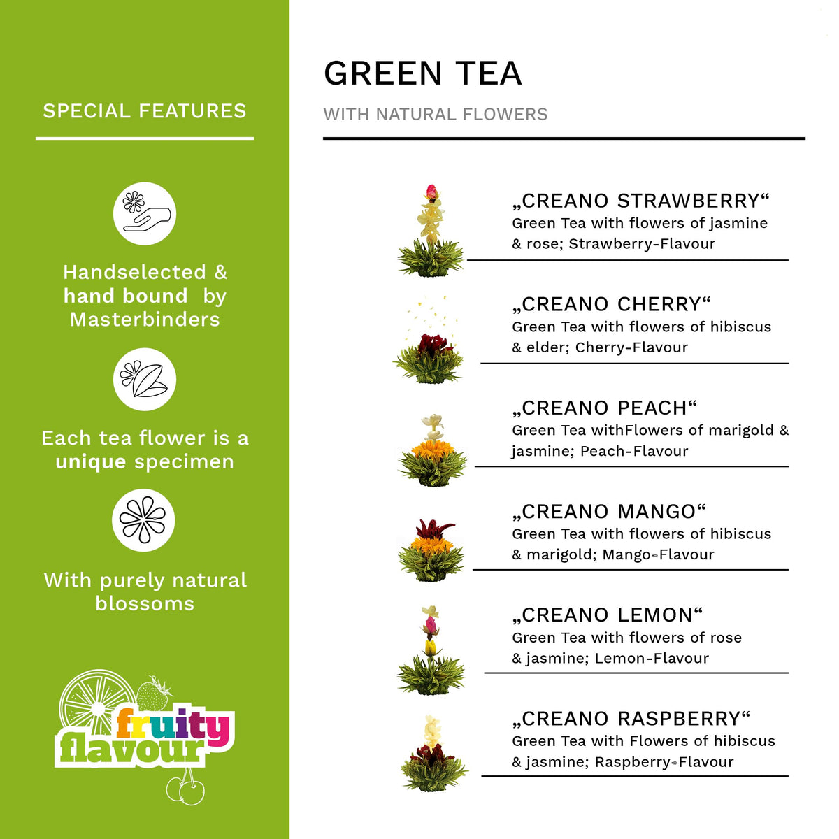 Creano Blooming Tea Gift Set with Glass Teapot 17oz (500ml) – 6 Fruity Green Tea Flowers – Easter Gift