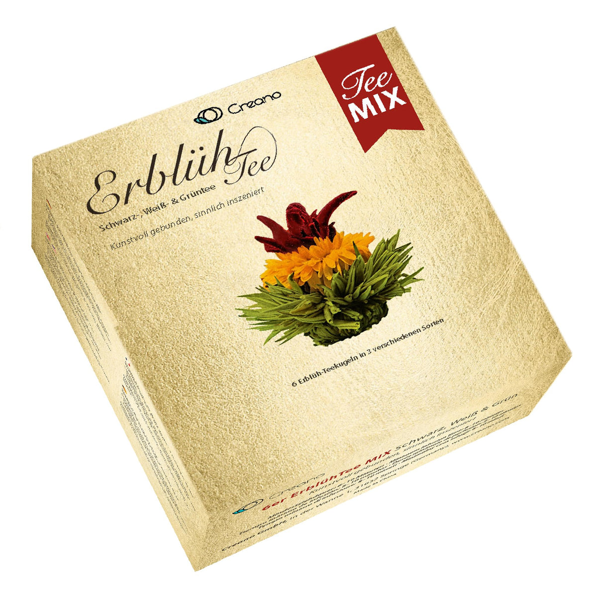 Creano Tea Flowers Mix Golden Gift Set with Glass Teapot – Blooming Tea in 6 Varieties