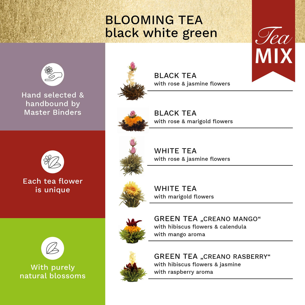 Creano Tea Flowers Mix Golden Gift Set with Glass Teapot – Blooming Tea in 6 Varieties