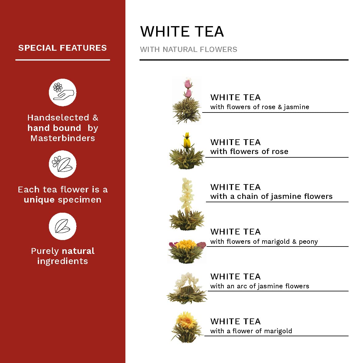 Creano Flowering Tea Gift Set - White Tea, 6 Blooming Teas + 17oz Glass Teapot