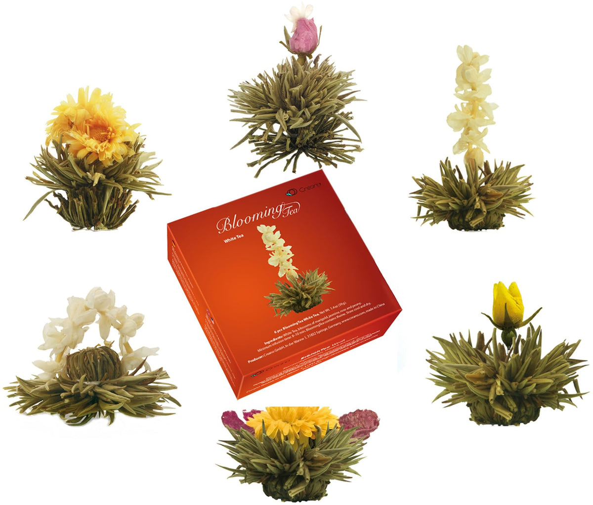 Creano Flowering Tea Gift Set - White Tea, 6 Blooming Teas + 17oz Glass Teapot