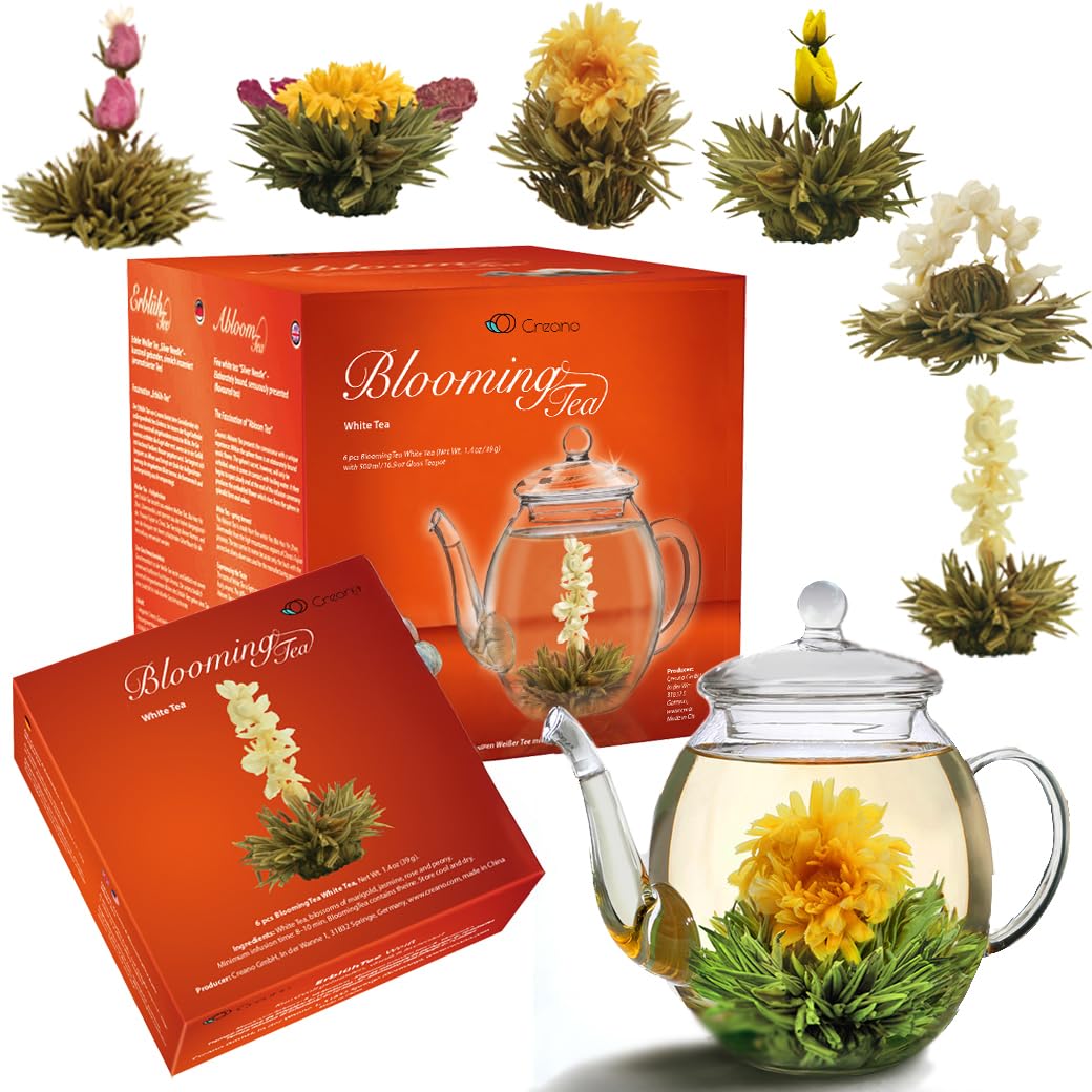 Creano Flowering Tea Gift Set - White Tea, 6 Blooming Teas + 17oz Glass Teapot