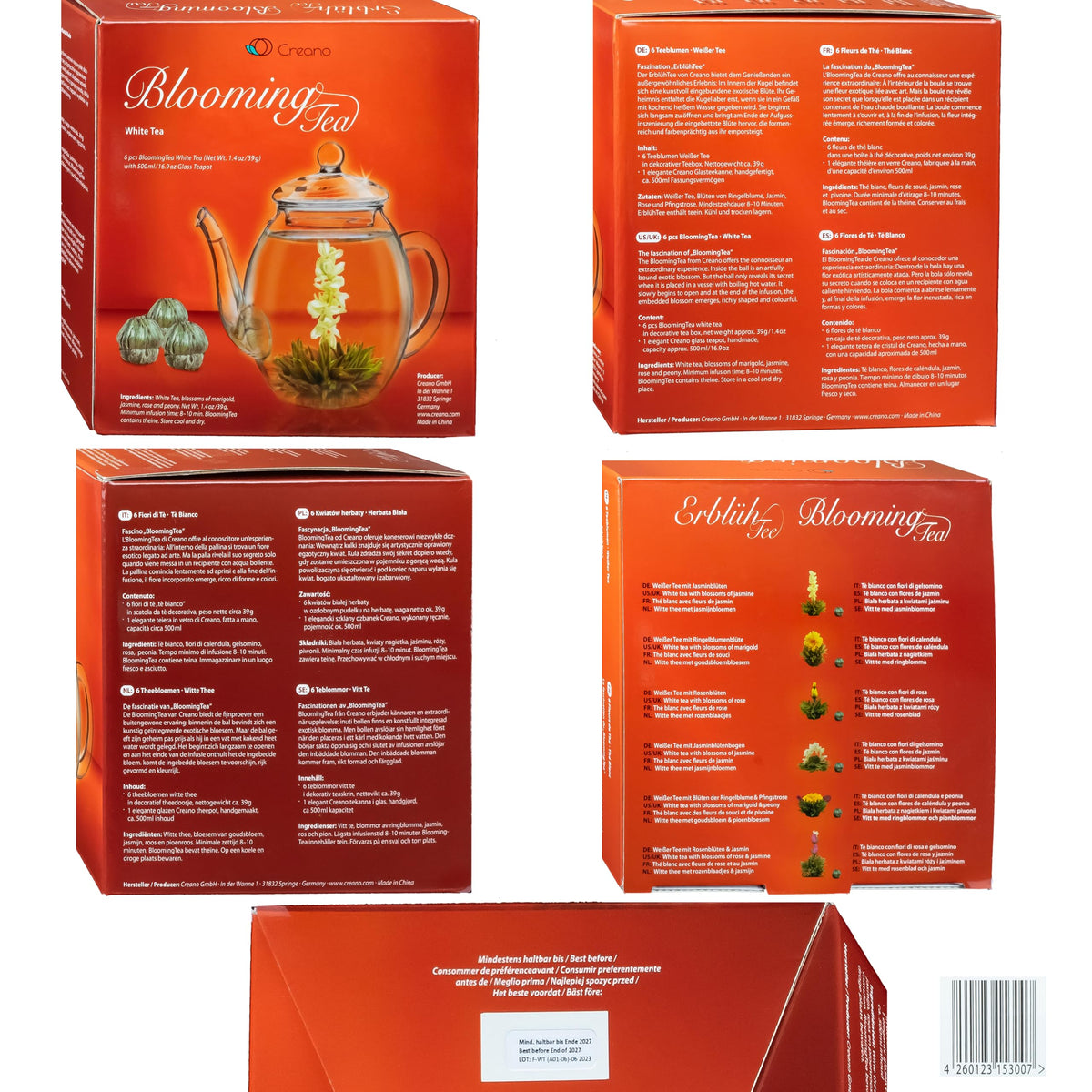 Creano Flowering Tea Gift Set - White Tea, 6 Blooming Teas + 17oz Glass Teapot