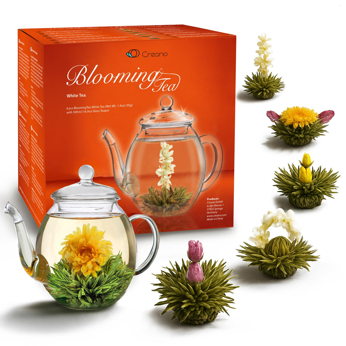 Creano Flowering Tea Gift Set - White Tea, 6 Blooming Teas + 17oz Glass Teapot