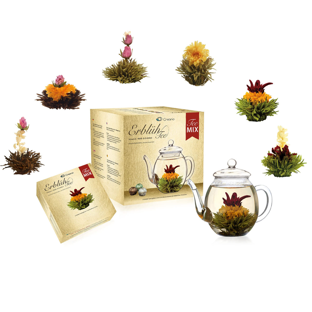 Creano Tea Flowers Mix Golden Gift Set with Glass Teapot – Blooming Tea in 6 Varieties