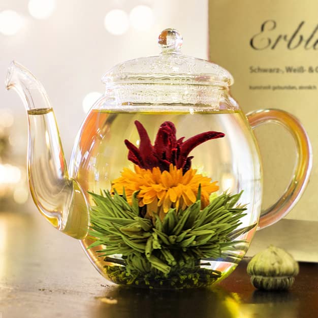 Creano Tea Flowers Mix Golden Gift Set with Glass Teapot – Blooming Tea in 6 Varieties