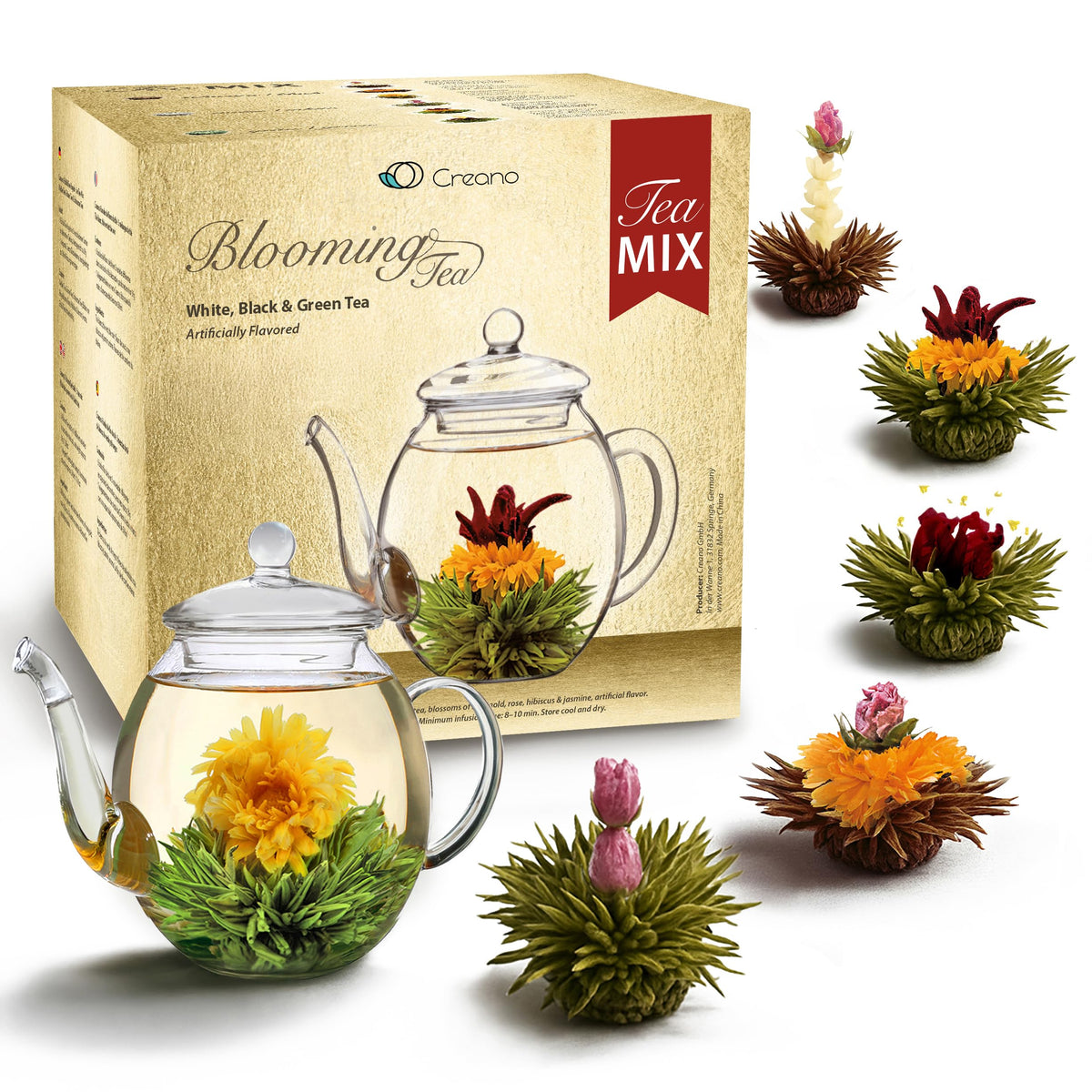 Creano Tea Flowers Mix Golden Gift Set with Glass Teapot – Blooming Tea in 6 Varieties