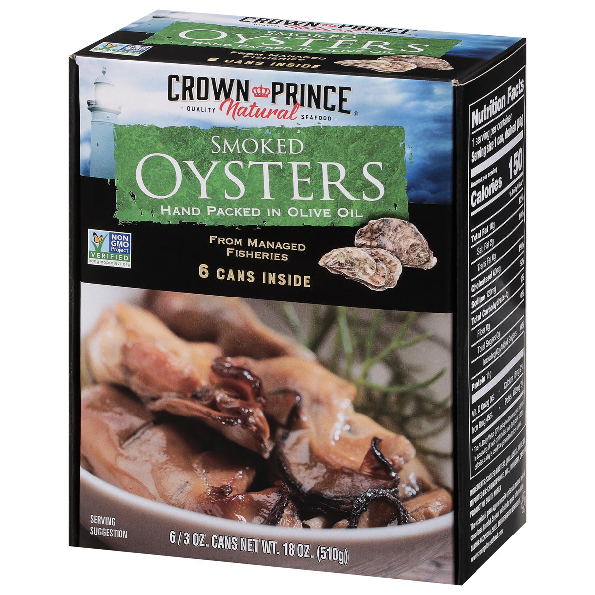 Crown Prince Smoked Oysters in Olive Oil – Hand Packed, 3 oz Cans (6-Pack)
