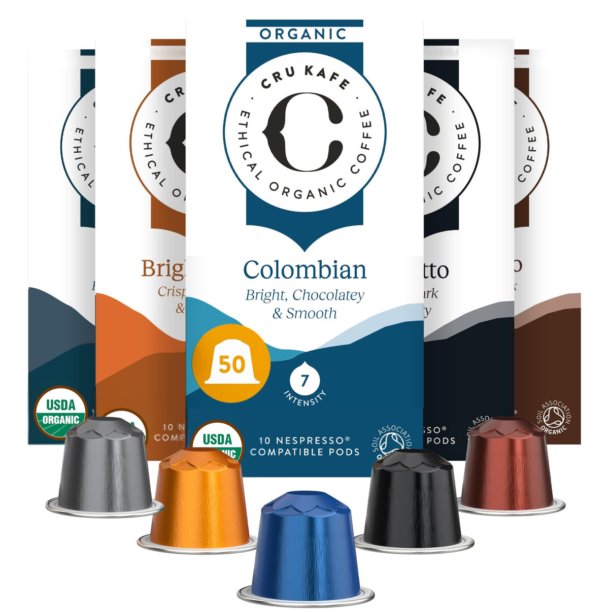 Cru Kafe Discovery Set Organic Coffee Pods – 50 Pods (5 Packs of 10) for Nespresso OriginalLine, Fairtrade & Soil Association Certified