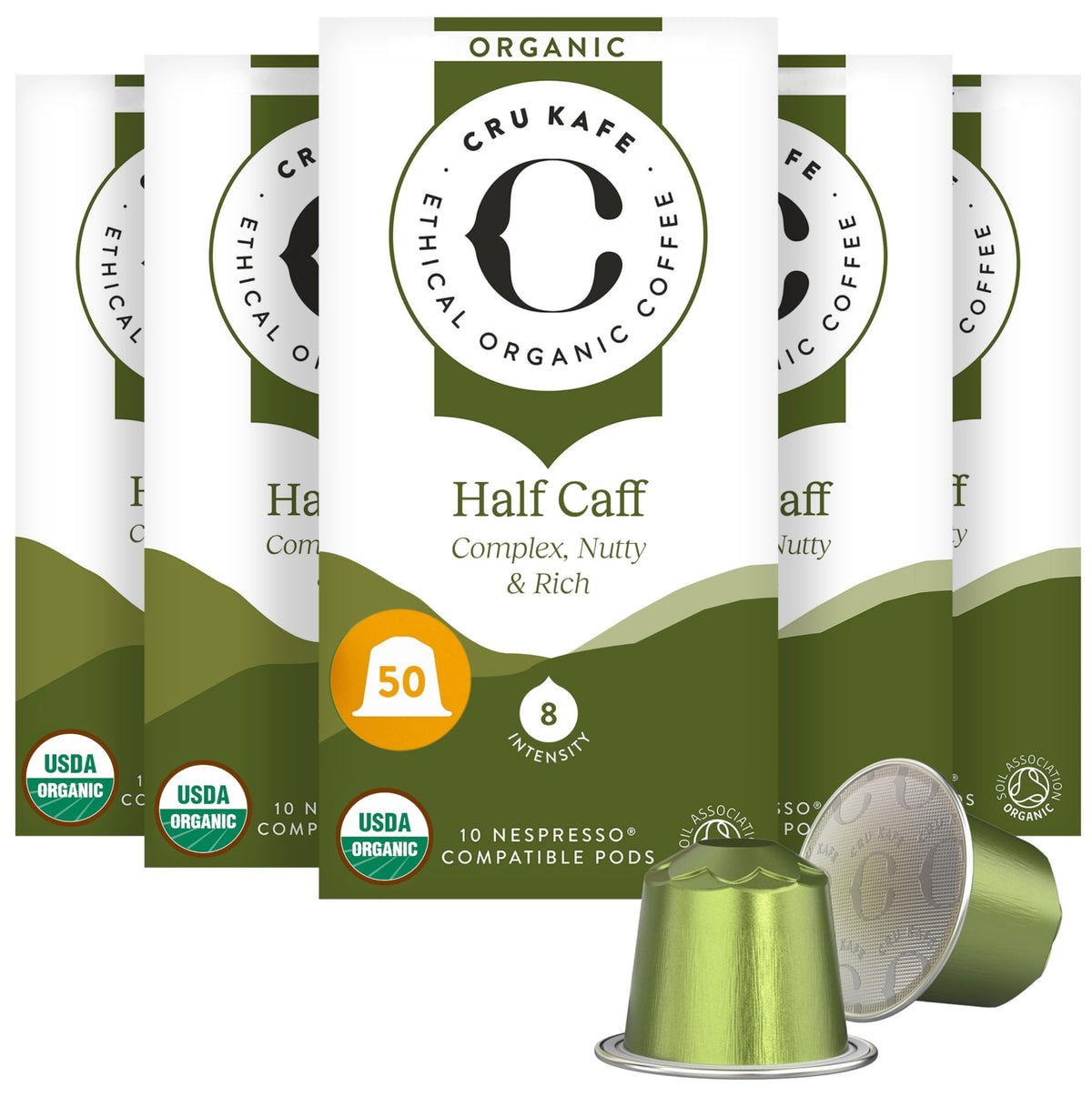 Cru Kafe USDA Organic Half-Caff Espresso Coffee Capsules — 50 Pods, Fairtrade, Nespresso Original Line & Pixie Compatible