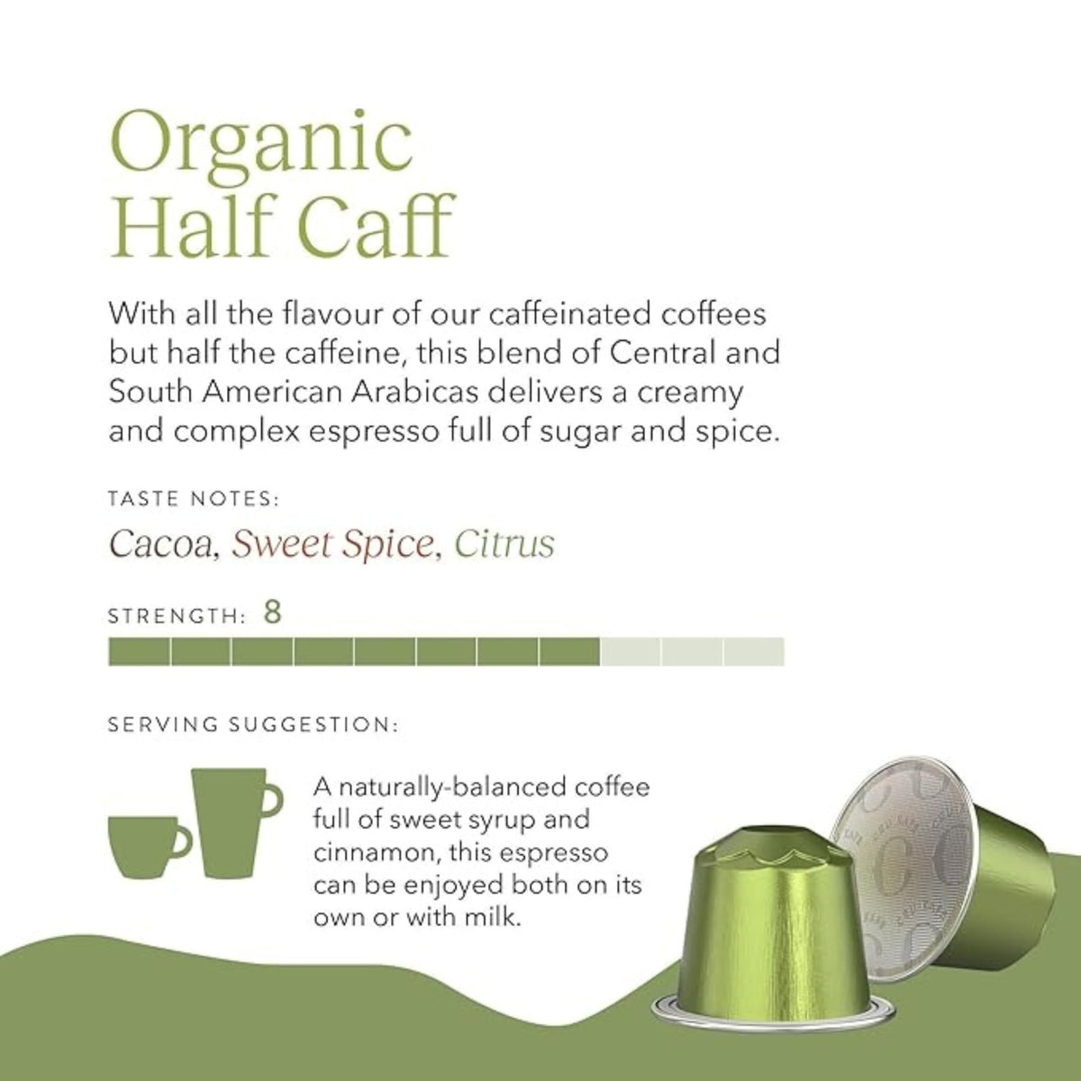 Cru Kafe USDA Organic Half-Caff Espresso Coffee Capsules — 50 Pods, Fairtrade, Nespresso Original Line & Pixie Compatible