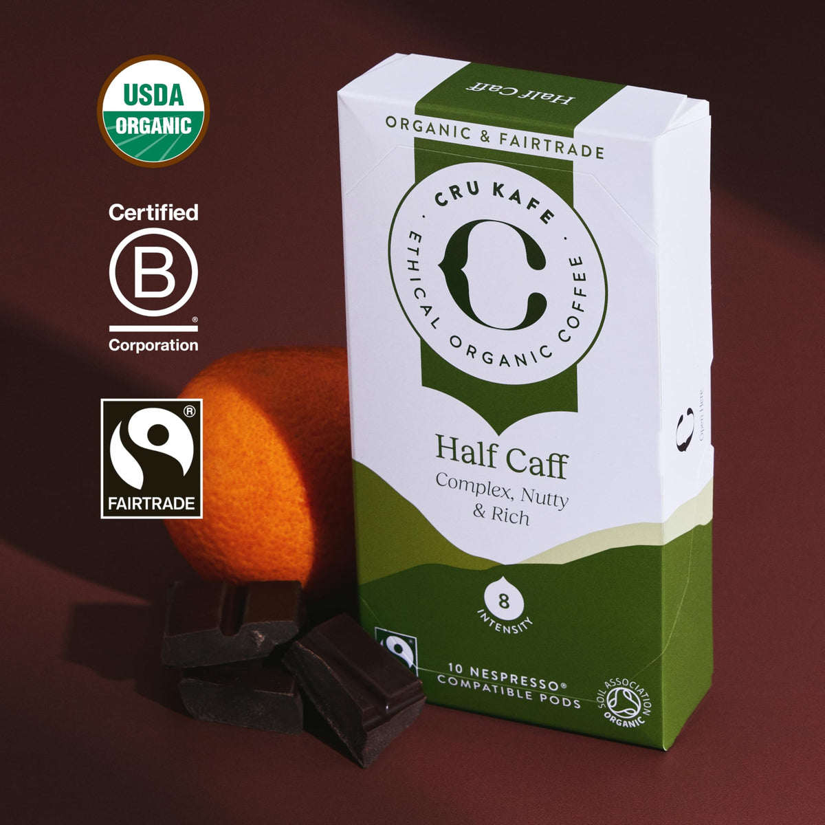 Cru Kafe USDA Organic Half-Caff Espresso Coffee Capsules — 50 Pods, Fairtrade, Nespresso Original Line & Pixie Compatible
