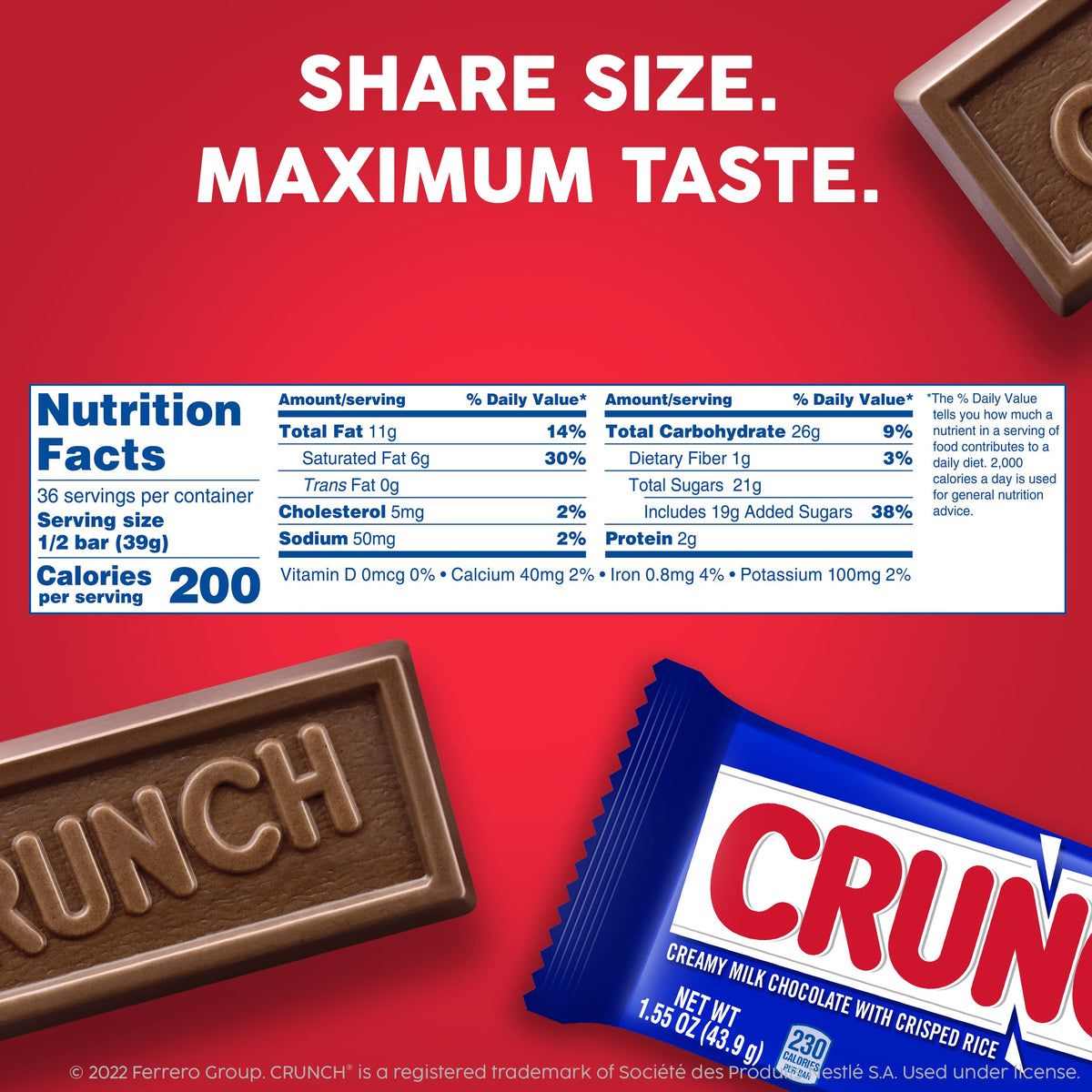 CRUNCH Candy Bar – Creamy Milk Chocolate with Crisped Rice, 18-Count Share Pack