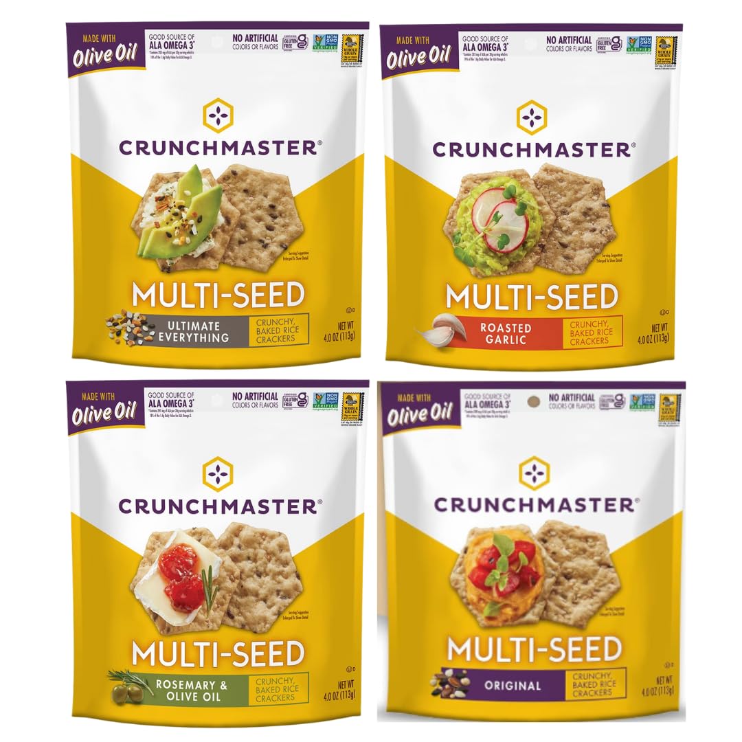 Crunchmaster Multiseed Crackers Variety Pack – 4 x 4 oz (Original, Rosemary Olive Oil, Roasted Garlic, Everything)