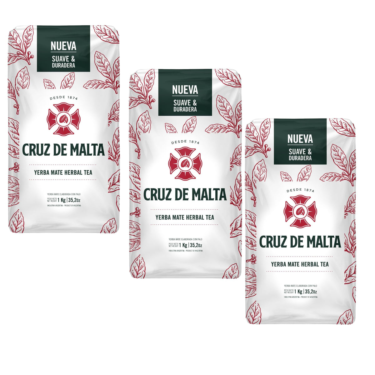 CRUZ DE MALTA Yerba Mate 3-Pack, 2.2 Lbs (1 Kg) Each Bag - Total 3 Kilos