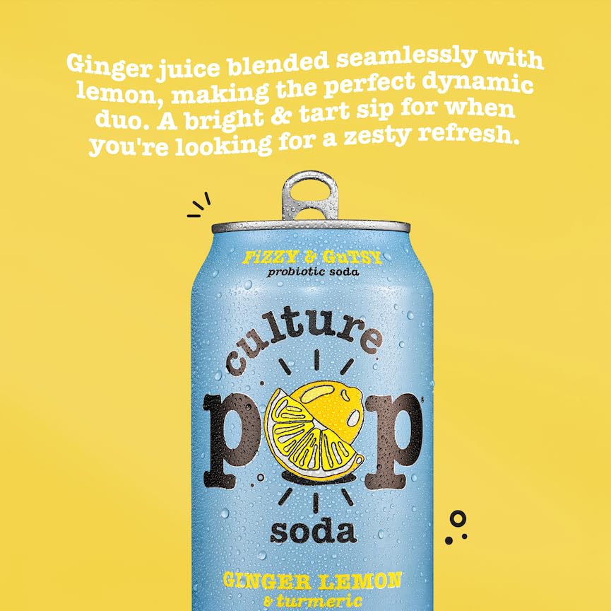 Culture Pop Ginger Lemon Turmeric Probiotic Soda – Low Sugar, No Stevia, 12-Pack (144 fl oz)