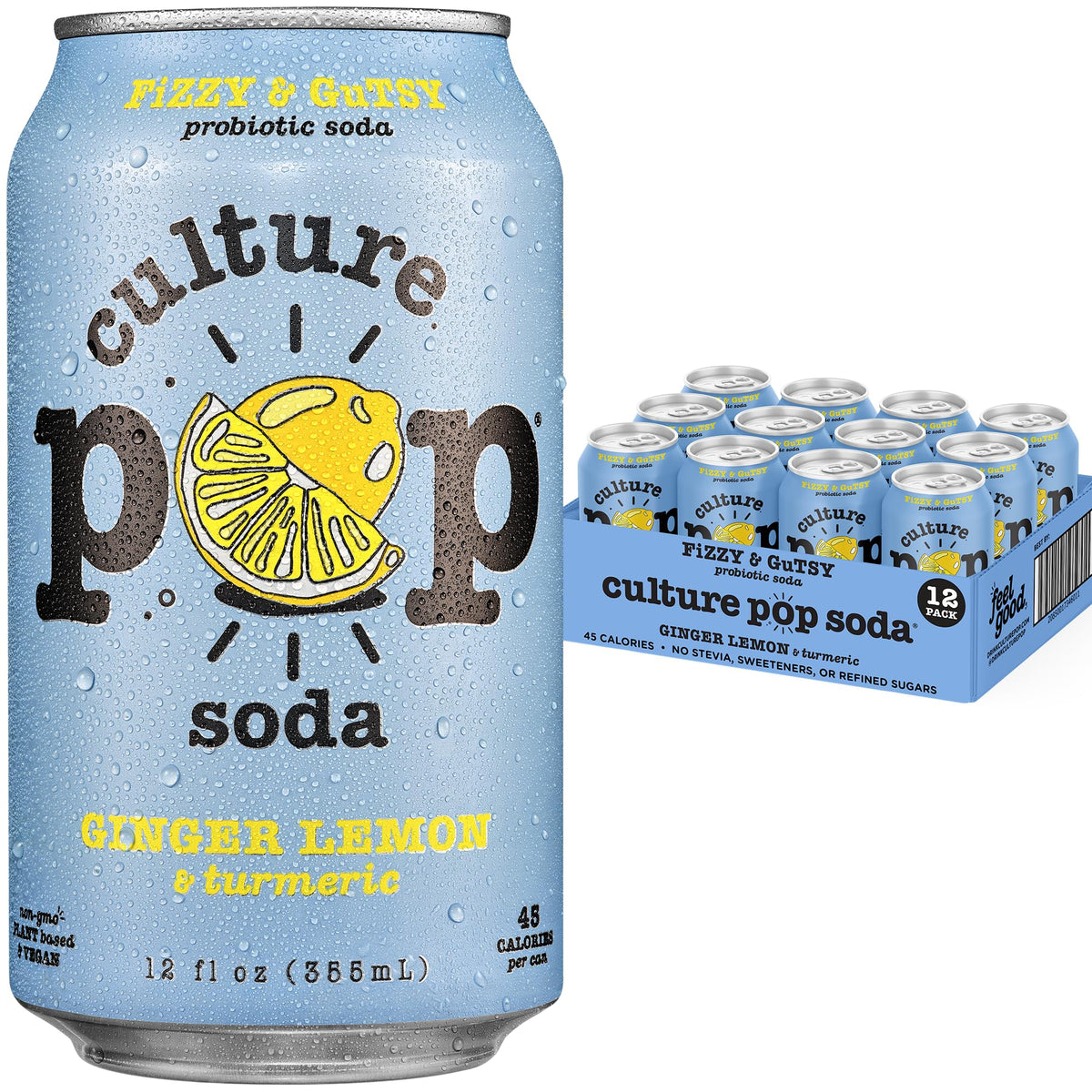 Culture Pop Ginger Lemon Turmeric Probiotic Soda – Low Sugar, No Stevia, 12-Pack (144 fl oz)