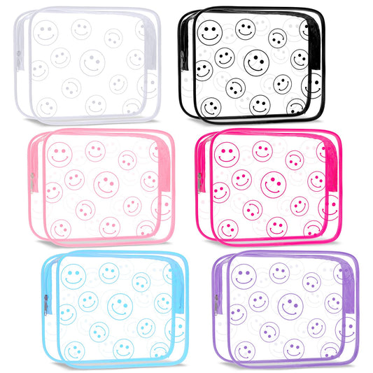 Cunno 6 Pcs Makeup Bags Gifts for Women Preppy Boho Smile Face Flamingo Clear Makeup Bags Cosmetic Transparent PVC Travel Toiletry Organizer for Birthday Party Favor(Smile Style)