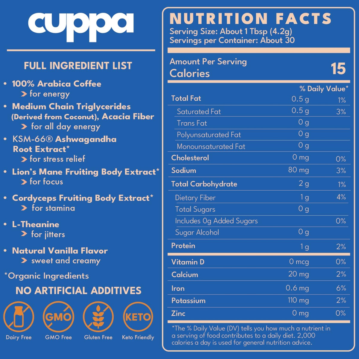Cuppa French Vanilla Coffee – Medium Roast with Mushrooms & Adaptogens (Lion’s Mane, Cordyceps, MCT, L-Theanine) – 30 Servings