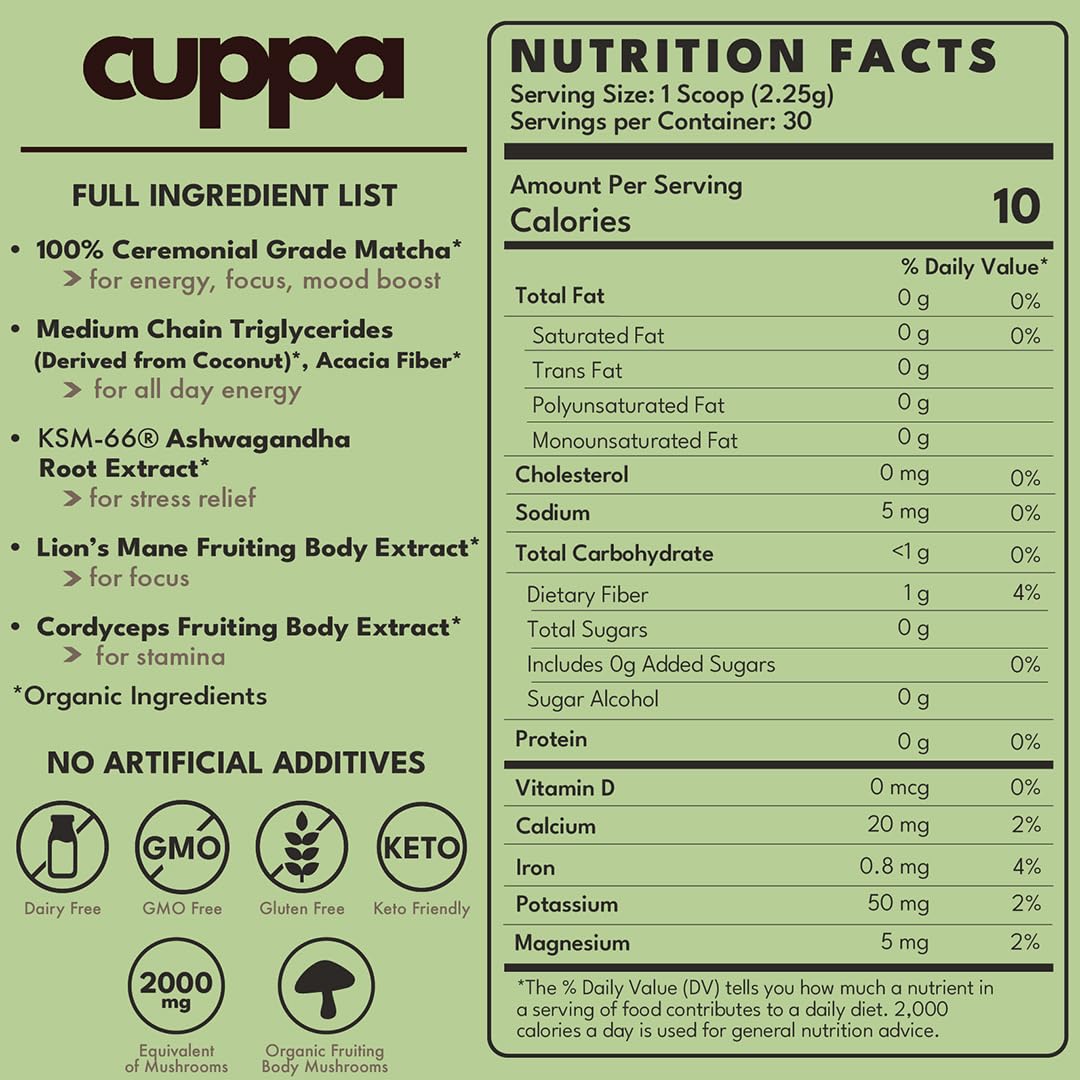Cuppa Matcha with Lions Mane, Cordyceps & Adaptogens – 30 Servings | Cuppa Healthy Coffee