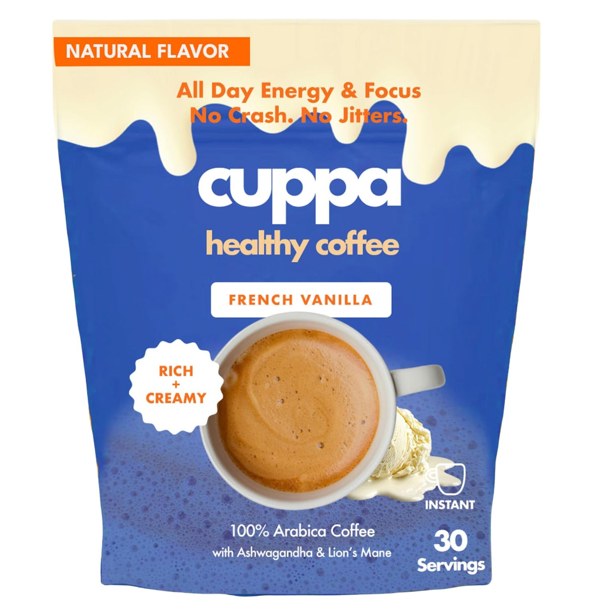 Cuppa French Vanilla Coffee – Medium Roast with Mushrooms & Adaptogens (Lion’s Mane, Cordyceps, MCT, L-Theanine) – 30 Servings