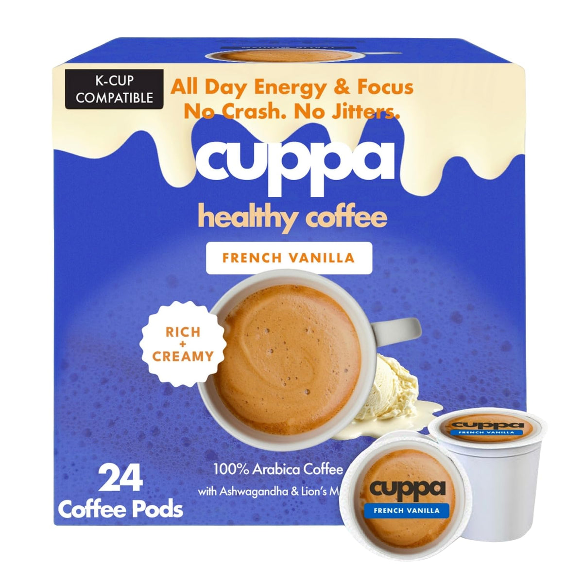 Cuppa Healthy Coffee - French Vanilla Mushroom Coffee with Adaptogens, MCT & Cordyceps (24 Servings)