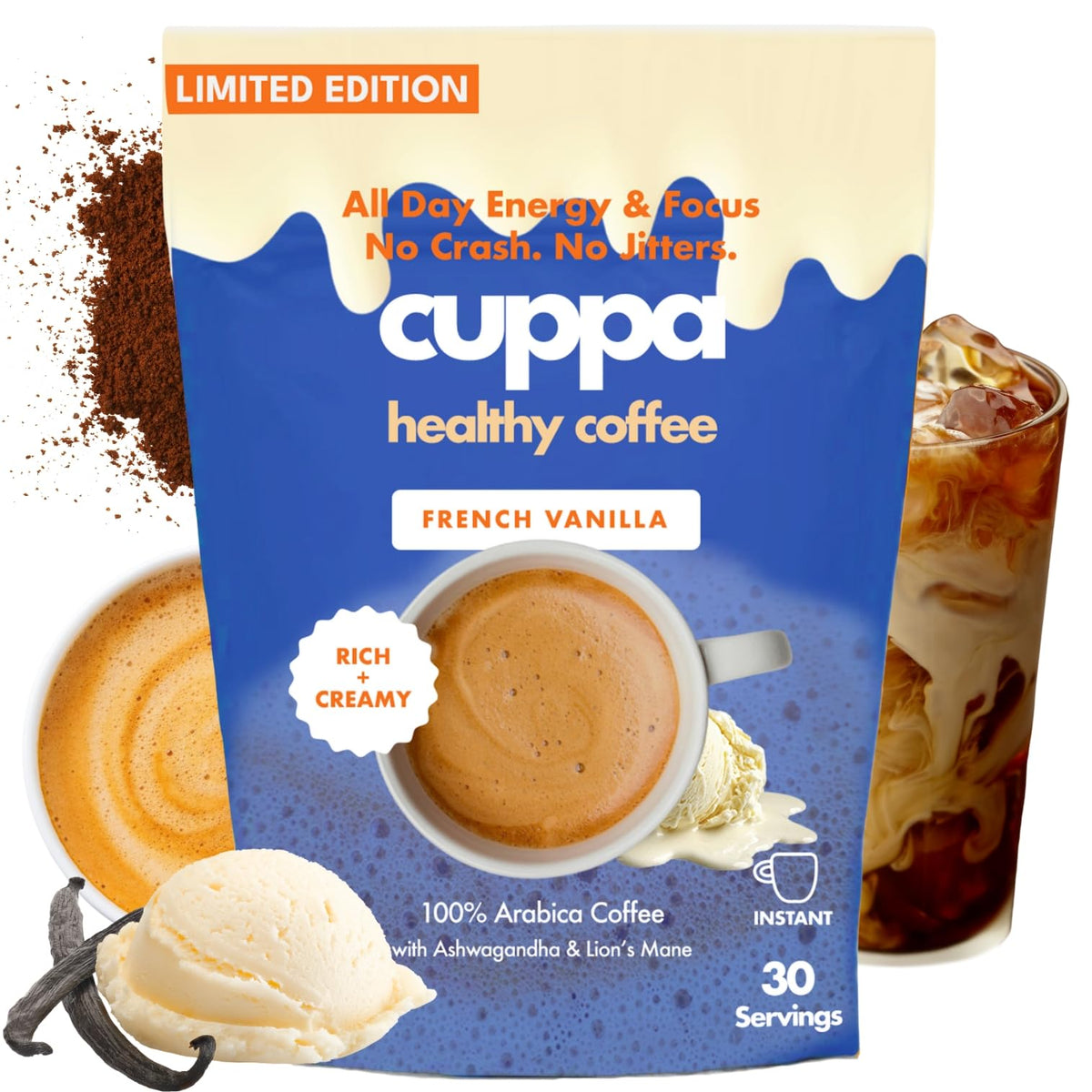 Cuppa French Vanilla Coffee – Medium Roast with Mushrooms & Adaptogens (Lion’s Mane, Cordyceps, MCT, L-Theanine) – 30 Servings