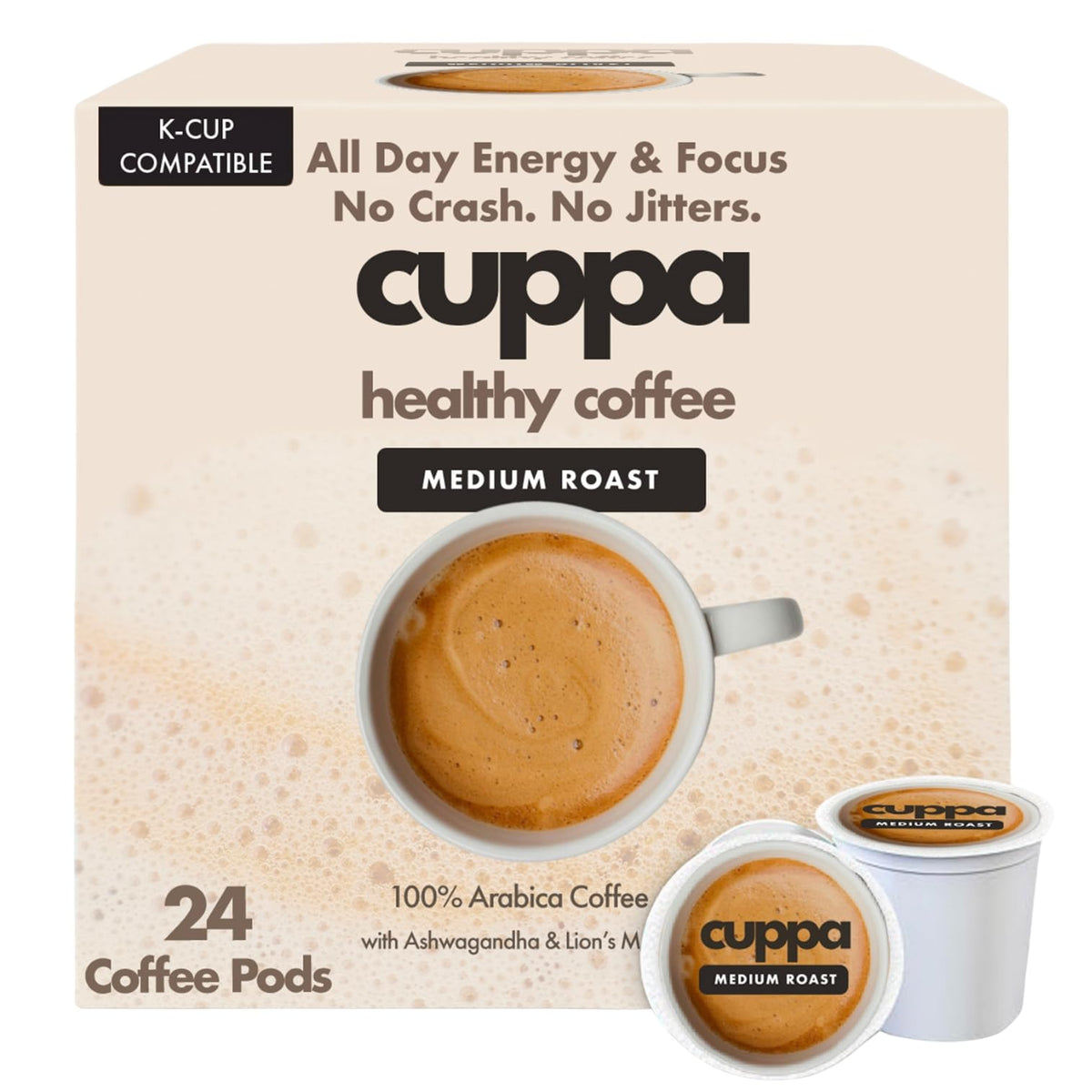 Cuppa Mushroom Coffee with Adaptogens & MCT – Lion’s Mane, Ashwagandha & Cordyceps (24 Servings) | Cuppa Healthy Coffee