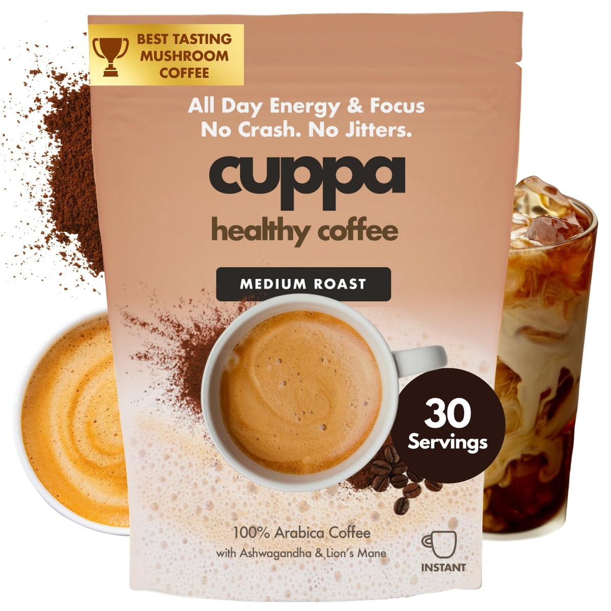 Cuppa Medium Roast Mushroom Coffee with Adaptogens & Superfoods | Lion's Mane, Ashwagandha & Cordyceps (30 Servings)