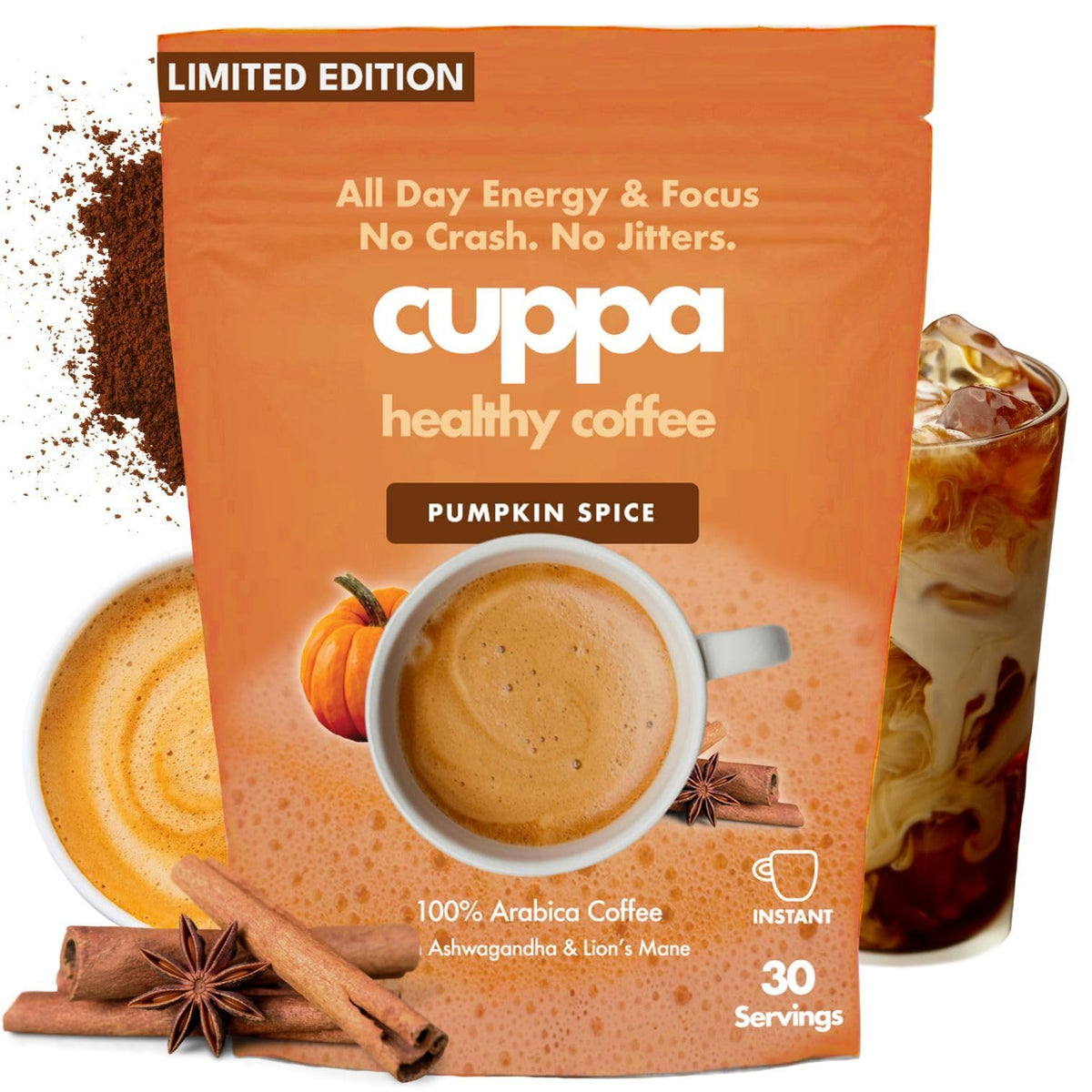 Cuppa Pumpkin Spice Mushroom Coffee with Adaptogens & MCT (30 Servings) – Lion’s Mane, Ashwagandha & Cordyceps
