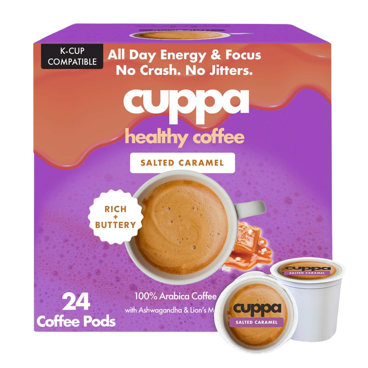 Cuppa Salted Caramel Mushroom Coffee with Adaptogens & MCT – 24 Servings